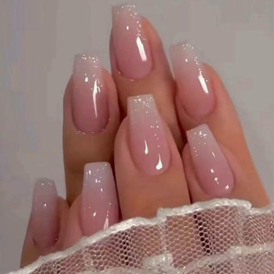 Polish Me Pretty Hkanlre Bling Coffin Press On Nails pink gradient front view