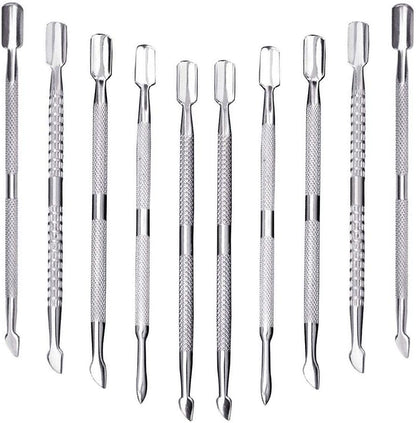 Creatiee Pro 10 piece stainless steel cuticle pusher and remover set front view