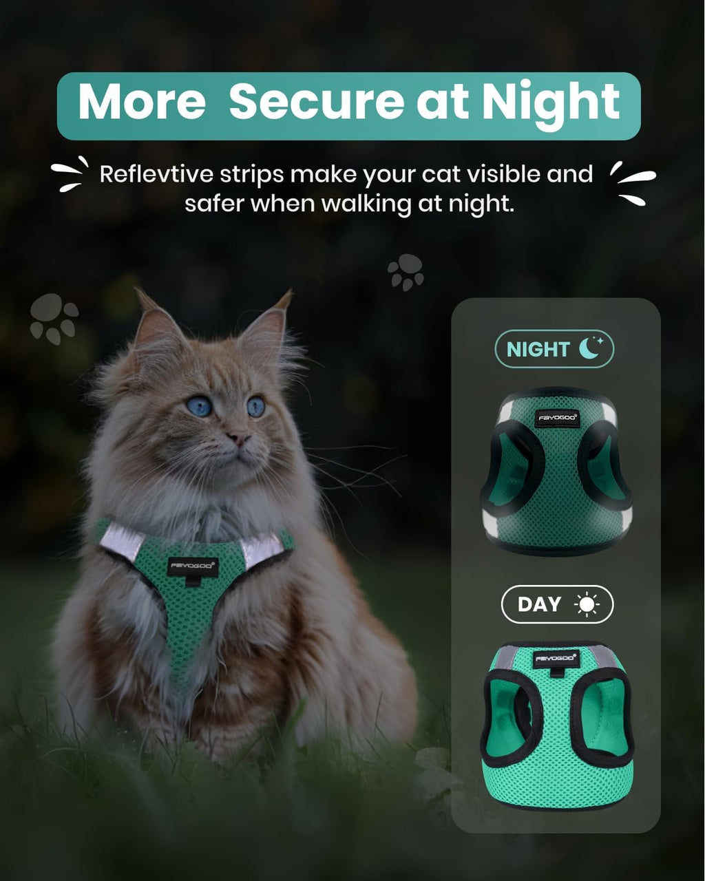 FAYOGOO lightweight escape proof cat harness and matching green leash outdoor walk
