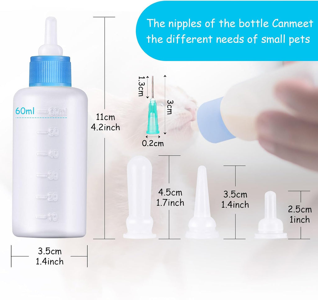 Sixty milliliter pet nursing bottles with clear measurement scales from the Tondiamo puppy milk feeder set.