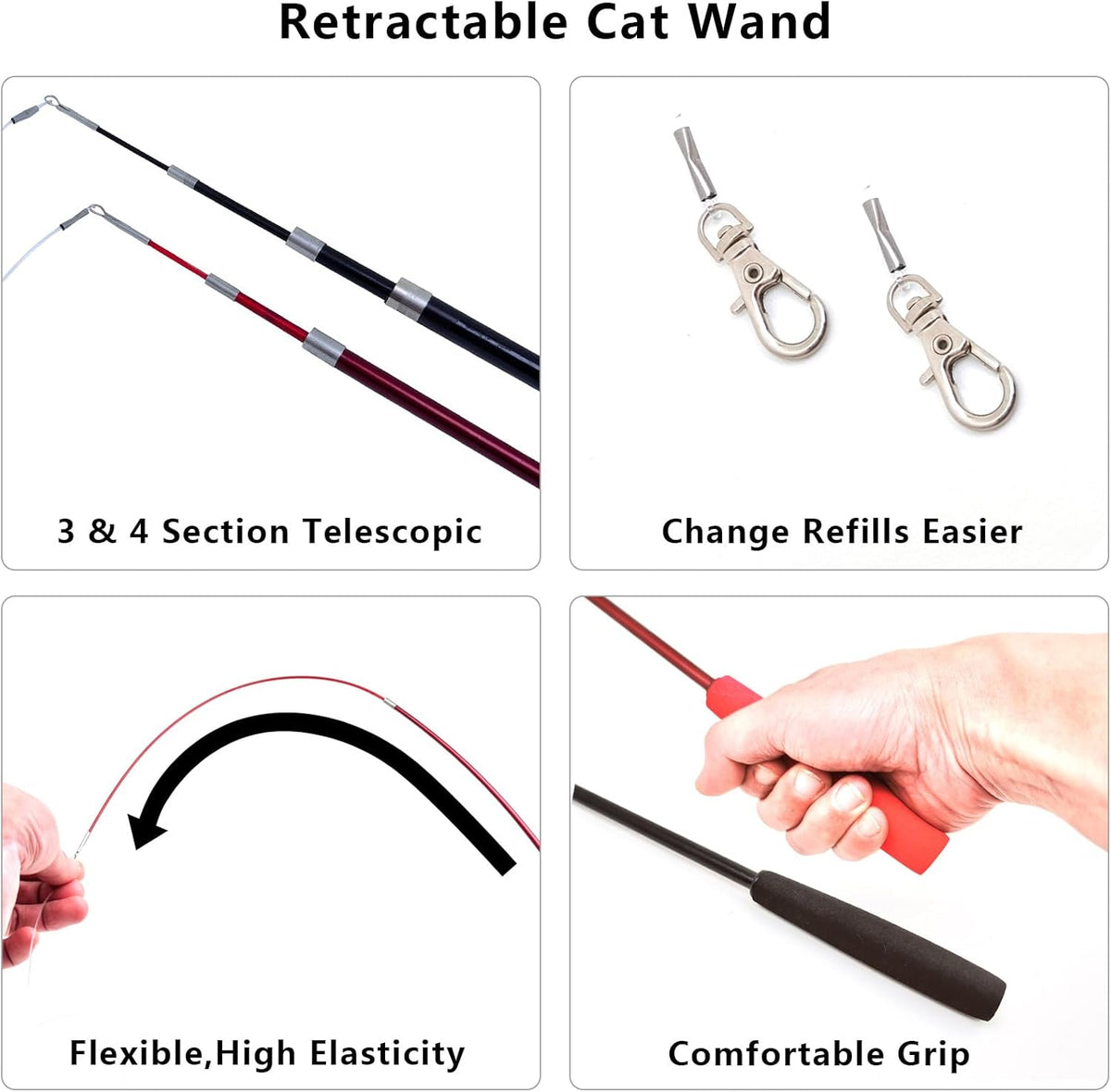 Close up view of the durable metal safety clasp on the cat string teaser wand.
