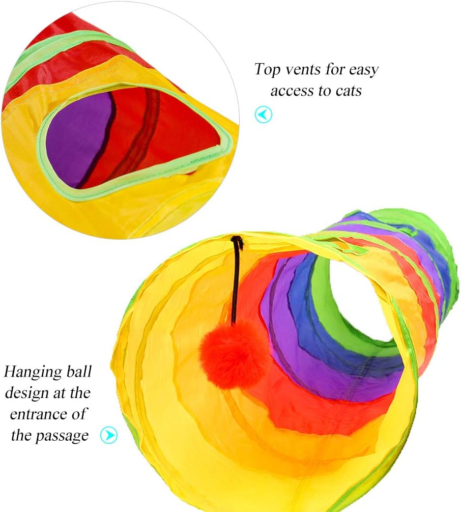 Durable cat play chute with a dangling plush ball toy at the opening.