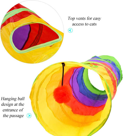 Durable cat play chute with a dangling plush ball toy at the opening.