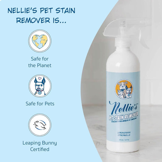 Nellies natural enzyme pet stain remover bottle showcasing the plant based formula label