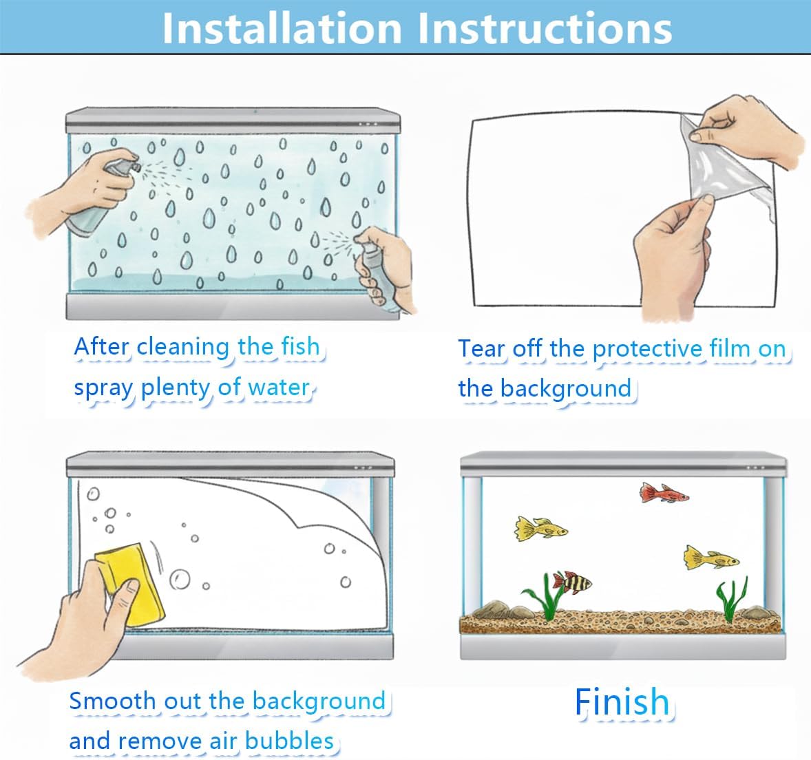 Water-activated static cling fish tank backdrop sticker showing easy bubble removal process
