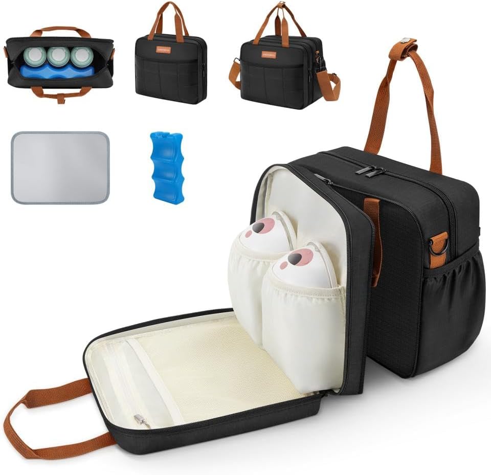 HavenMinds detachable breast milk cooler travel bag front view showing black exterior and premium brown handles.