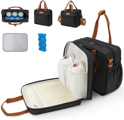 HavenMinds detachable breast milk cooler travel bag front view showing black exterior and premium brown handles.