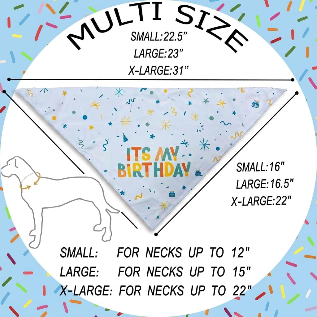 Small dog wearing blue birthday bandana party accessory