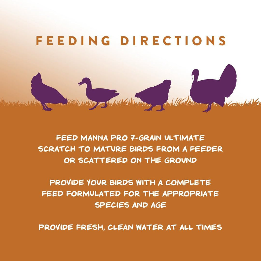 Manna Pro 7-Grain poultry treat bag on farm background