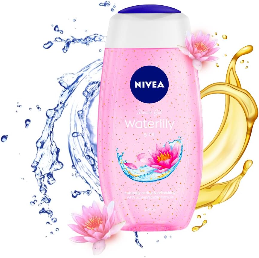 NIVEA Waterlily and Oil Shower Gel 250ml front view bottle with blue oil pearls.