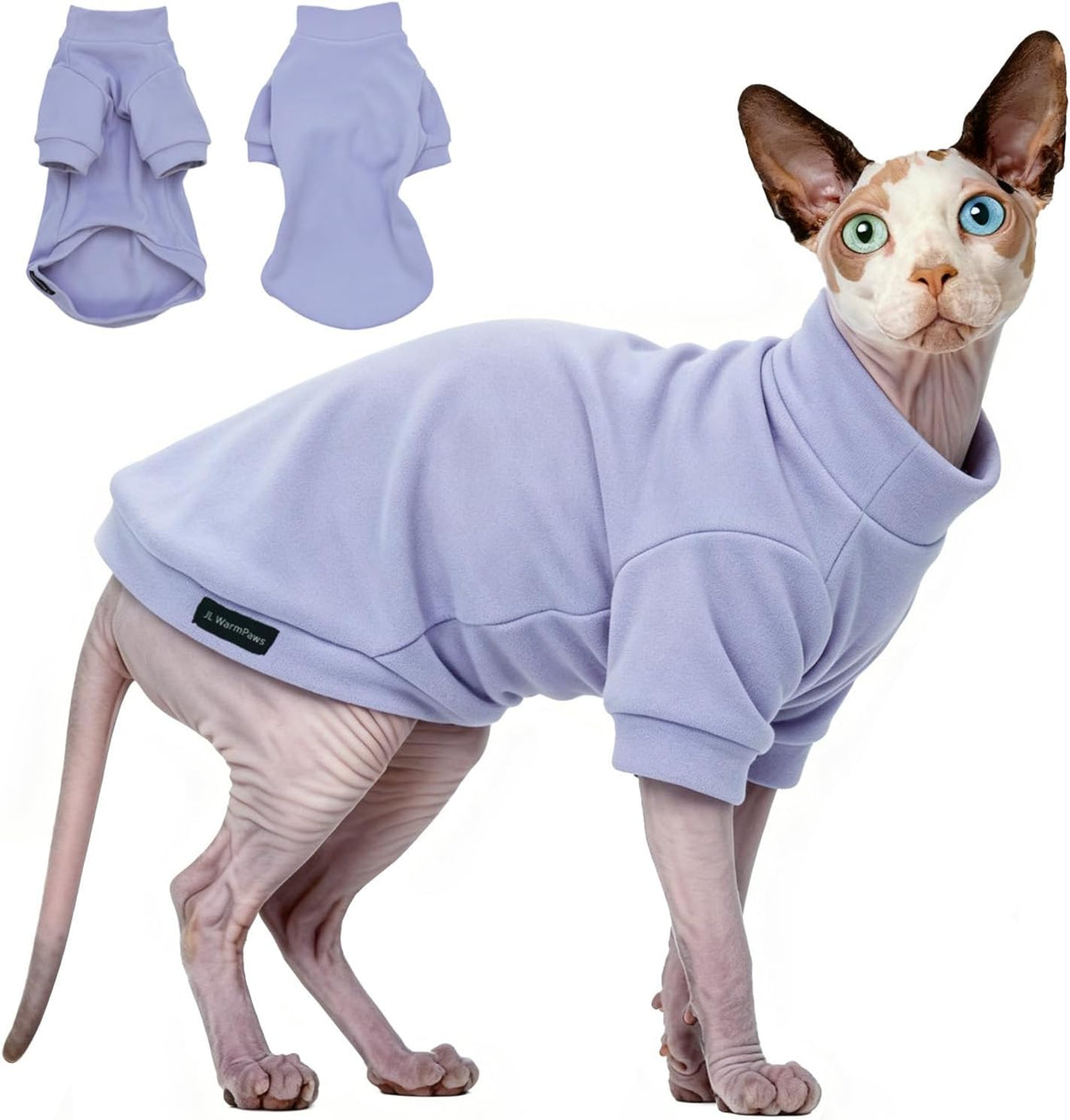 JL WarmPaws light purple Sphynx cat fleece sweater front view