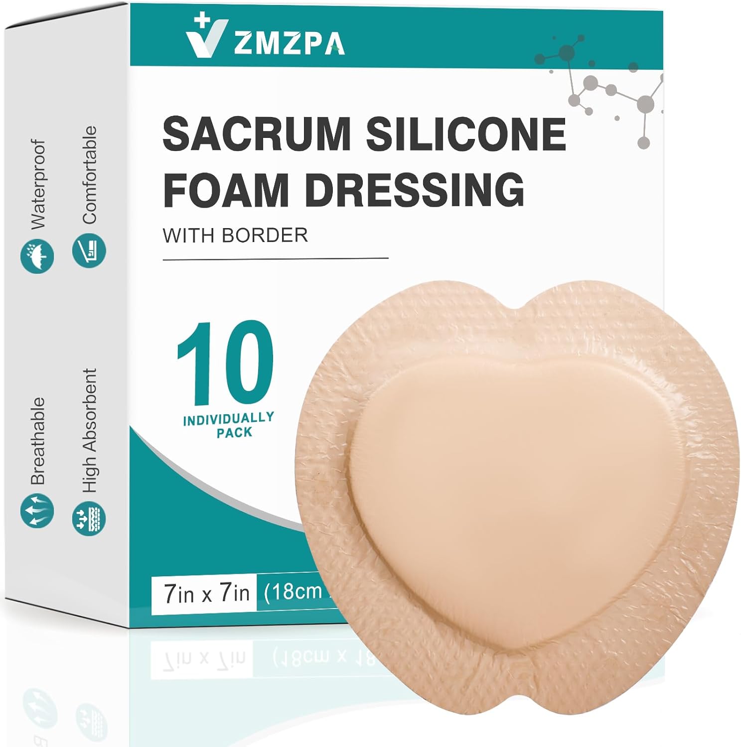 ZMZPA sacral silicone foam dressing front view showing the anatomical shape for bed sores