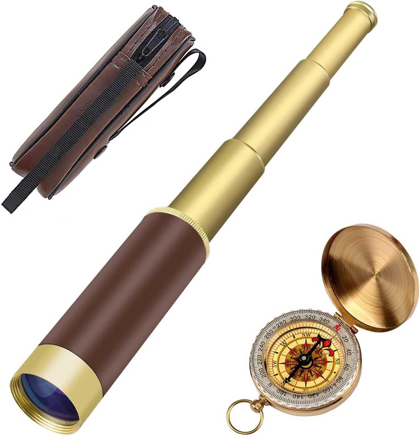 Aubric retro pirate telescope and compass set front view featuring the extended brass spyglass and golden pocket compass.