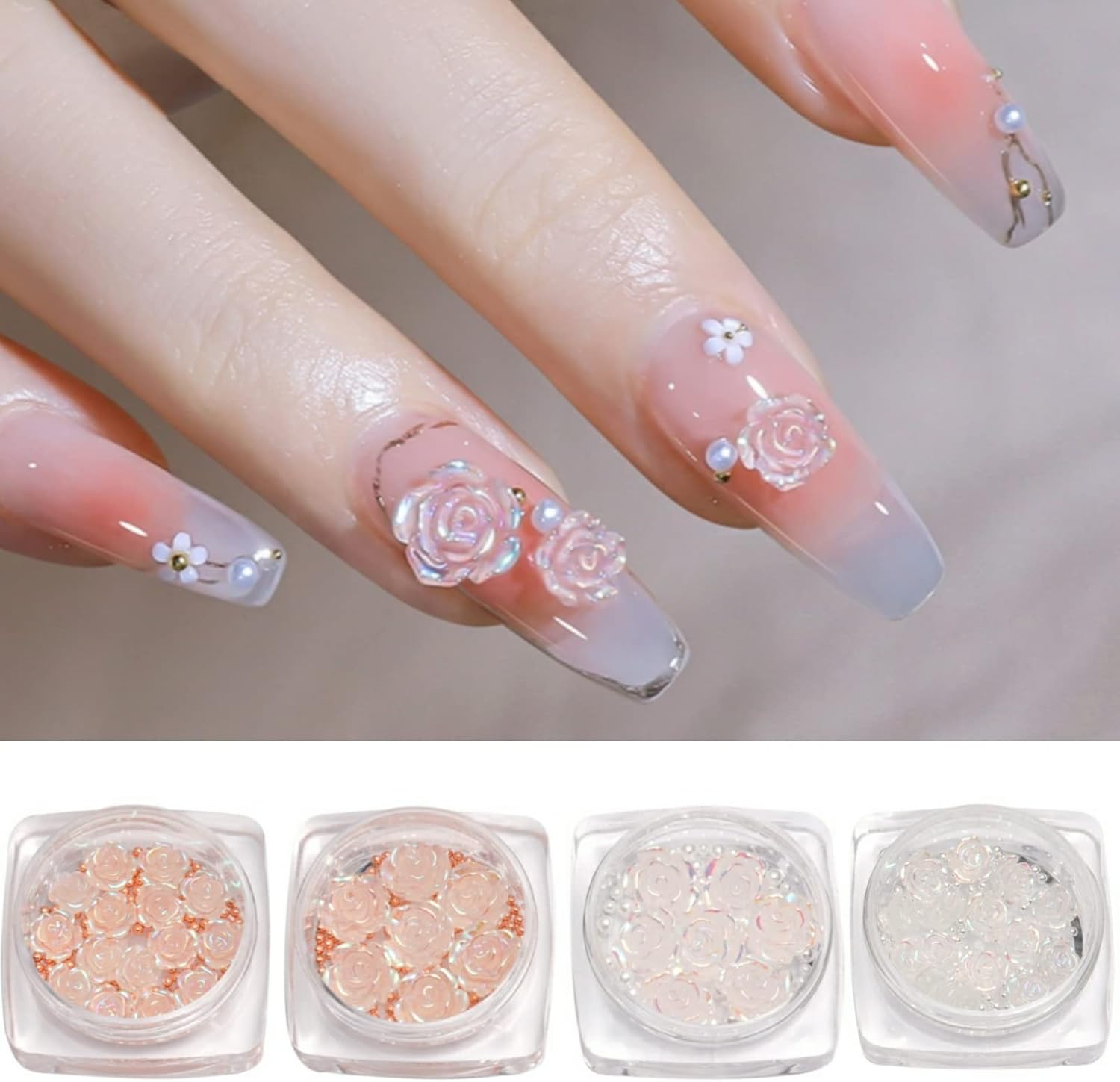 Funny Potatoes 3D Flower Nail Charms packaging showing four clear bottles containing resin flowers.