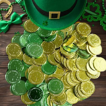 YOOBABOO 100 count holiday coins scattered around a festive leprechaun pot of gold centerpiece