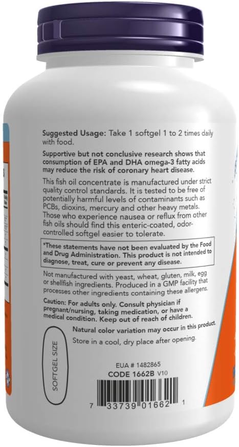 Side angle of NOW Foods Ultra Omega-3 showing the high potency 500 EPA and 250 DHA nutritional facts.