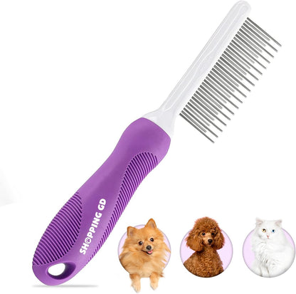 Shopping GD detangling pet comb front view showing purple handle and long and short stainless steel teeth.