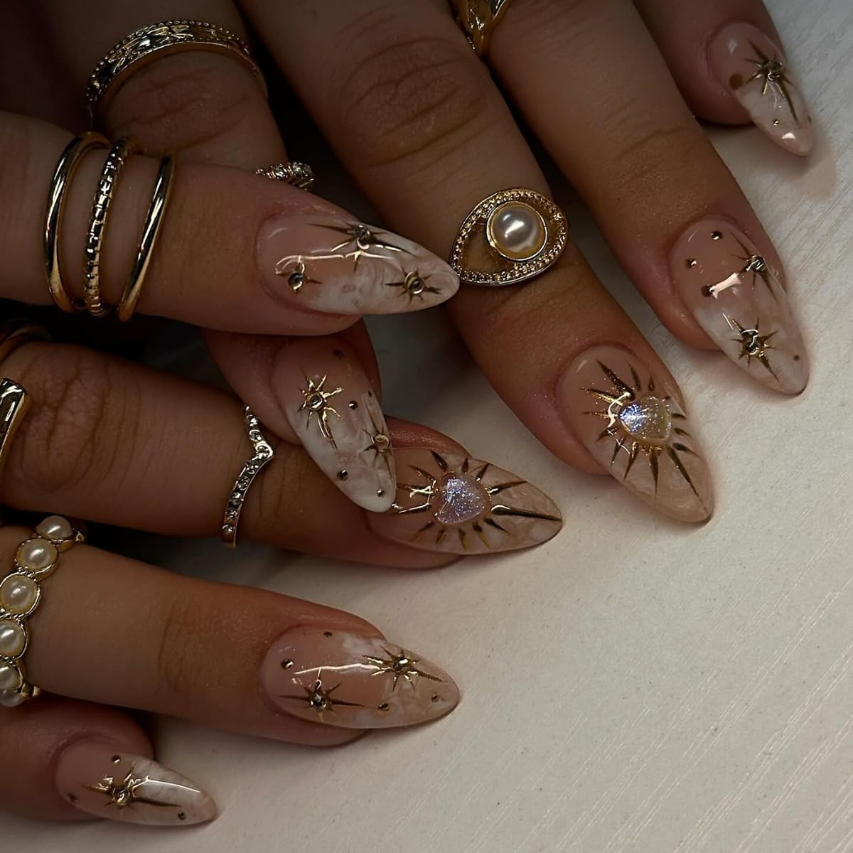 Xzmeilun 3d Boho Stars Gold Press On Nails front view