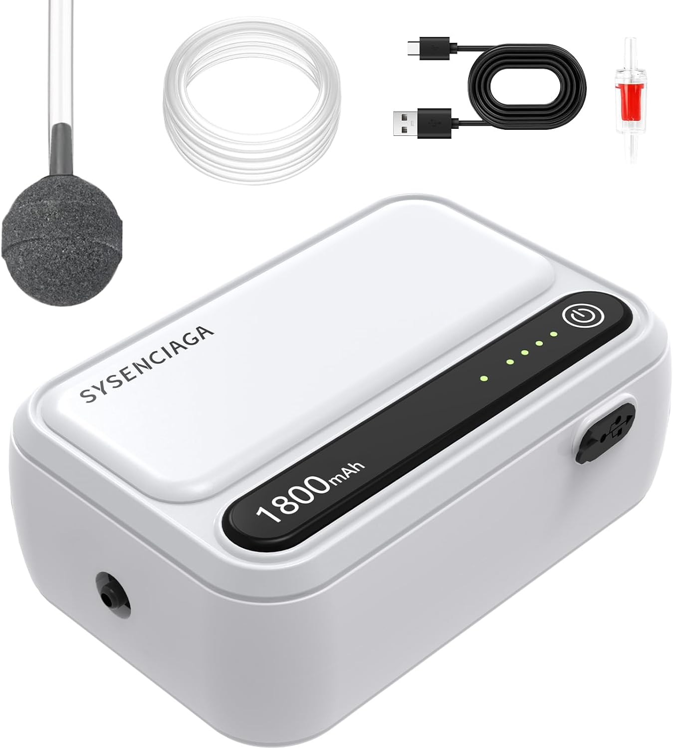 Sysenciaga rechargeable aquarium air pump front view showing LED indicator