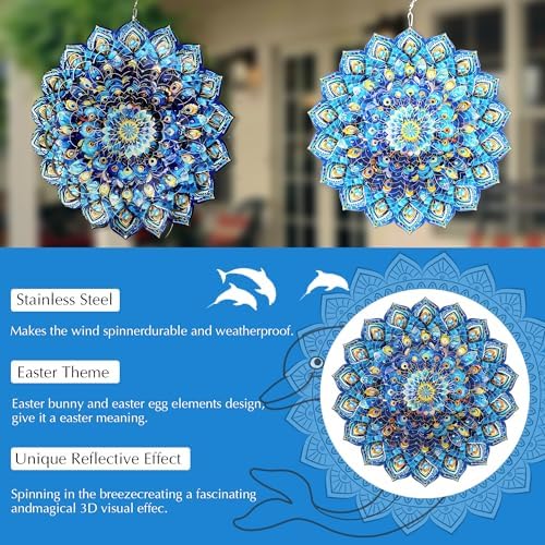 Close up view of 3D mandala peacock pattern on stainless steel wind spinner