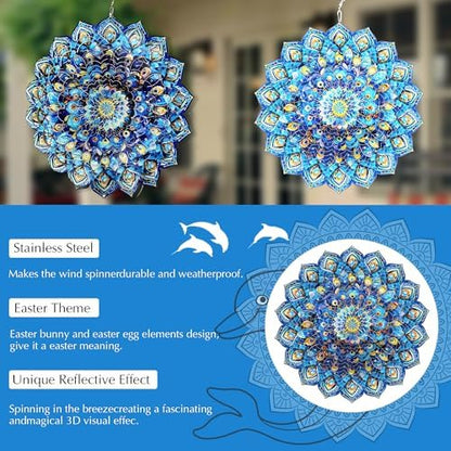 Close up view of 3D mandala peacock pattern on stainless steel wind spinner