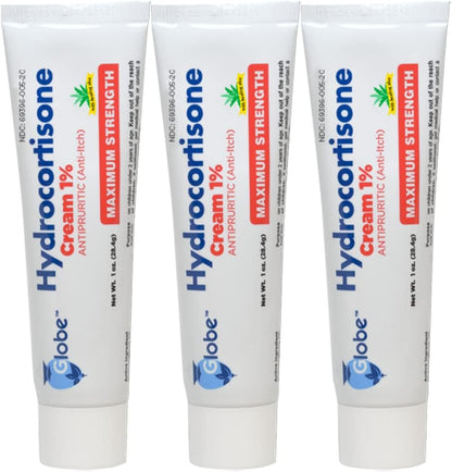Globe Hydrocortisone Maximum Strength Cream 3 Pack front view for itch relief.