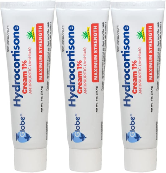 Globe Hydrocortisone Maximum Strength Cream 3 Pack front view for itch relief.