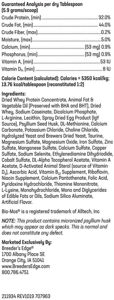 Breeder's Edge Foster Care 20 pounds feline powdered formula packaging details