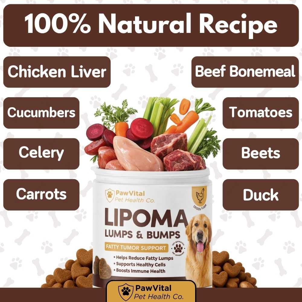 Chicken flavored dietary supplement for dogs prone to fatty lumps.