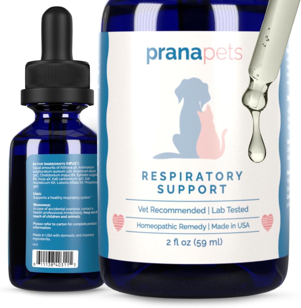 PranaPets Respiratory Support Supplement for dogs and cats front view bottle showcasing pet respiratory health care