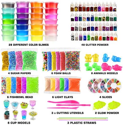 Byonebye jumbo slime box opening revealing 28 colorful crystal slime containers and mixing accessories