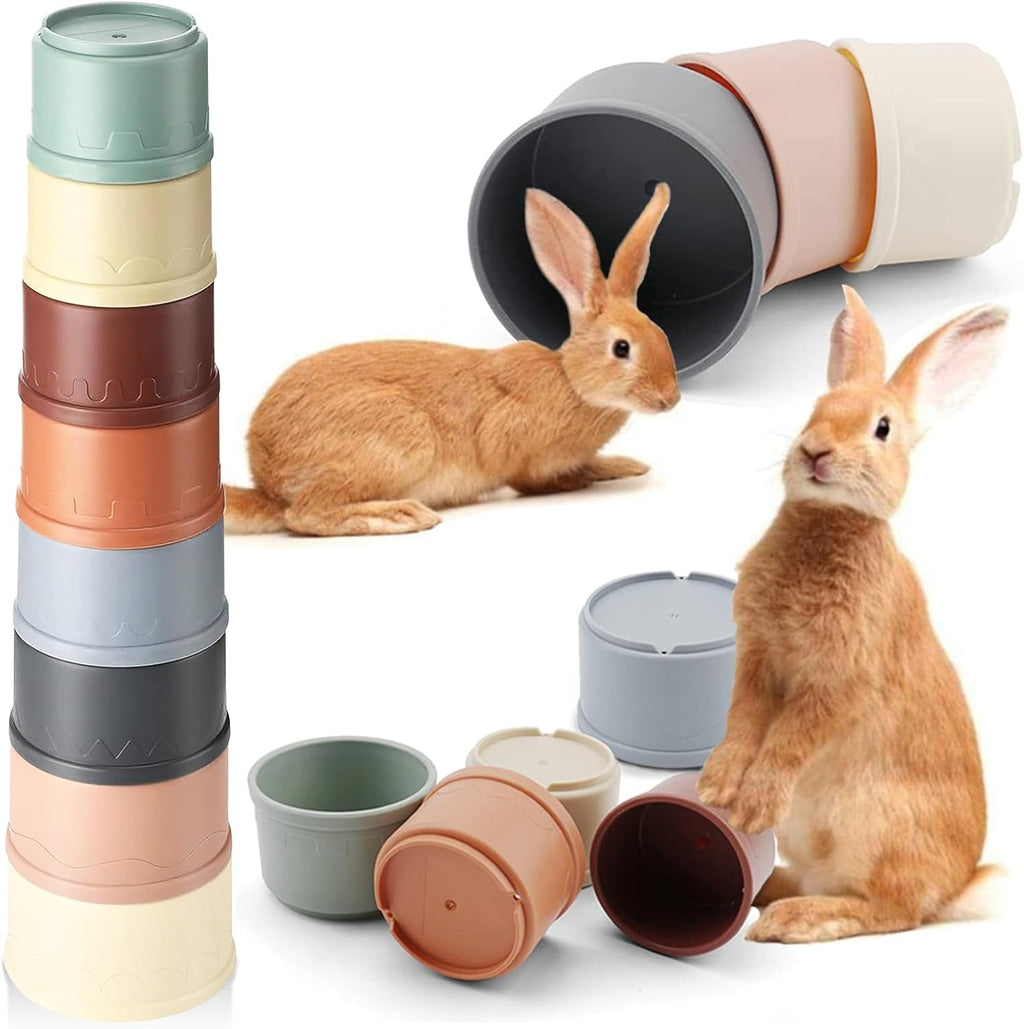 Iffitya 8 Pcs Stacking Cups for Rabbits front view showing vibrant rainbow colored nesting toys stacked into a tall tower.