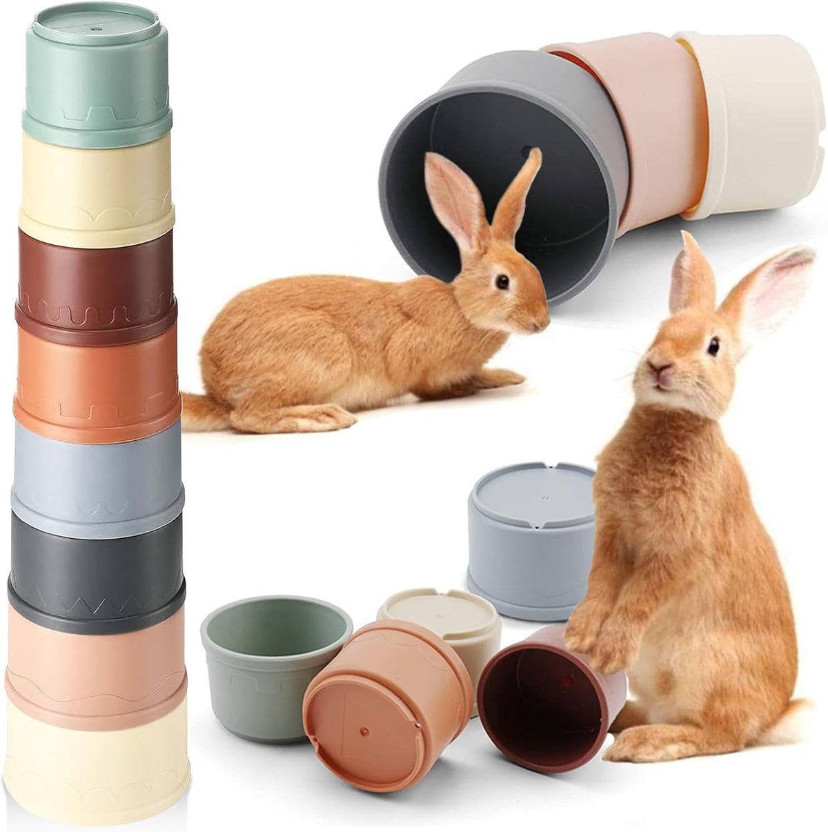 Iffitya 8 Pcs Stacking Cups for Rabbits front view showing vibrant rainbow colored nesting toys stacked into a tall tower.