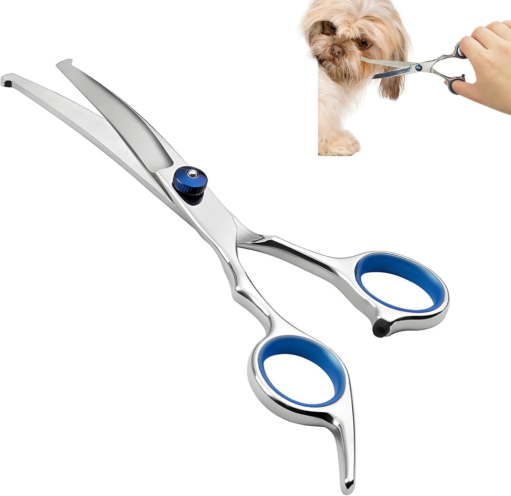 Erioscar curved dog grooming scissors front view with blue tension knob and safety round tips