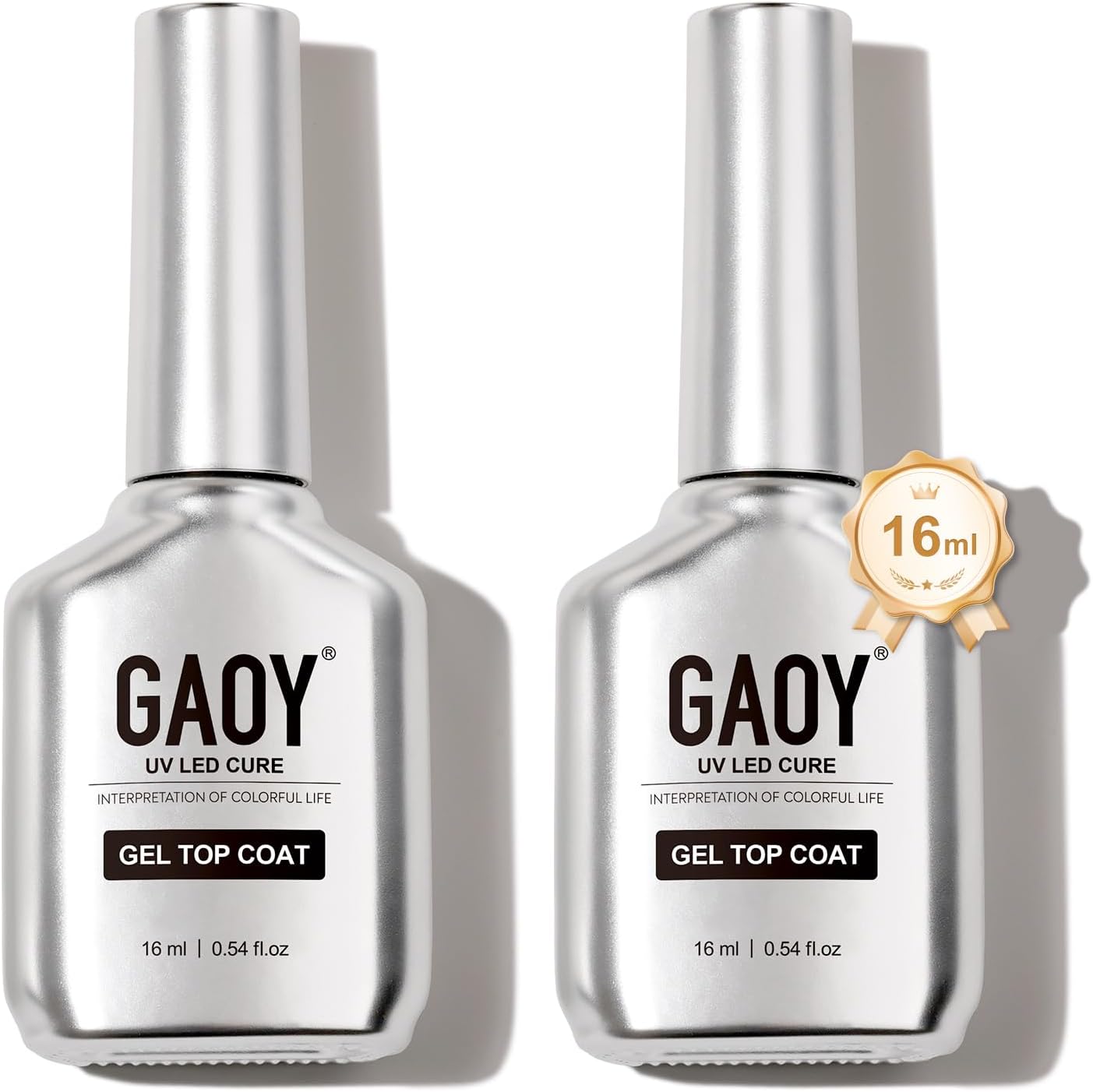 Gaoy two piece no wipe gel top coat bottles front view showing glassy clear formula