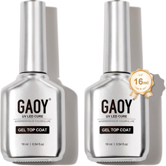 Gaoy two piece no wipe gel top coat bottles front view showing glassy clear formula