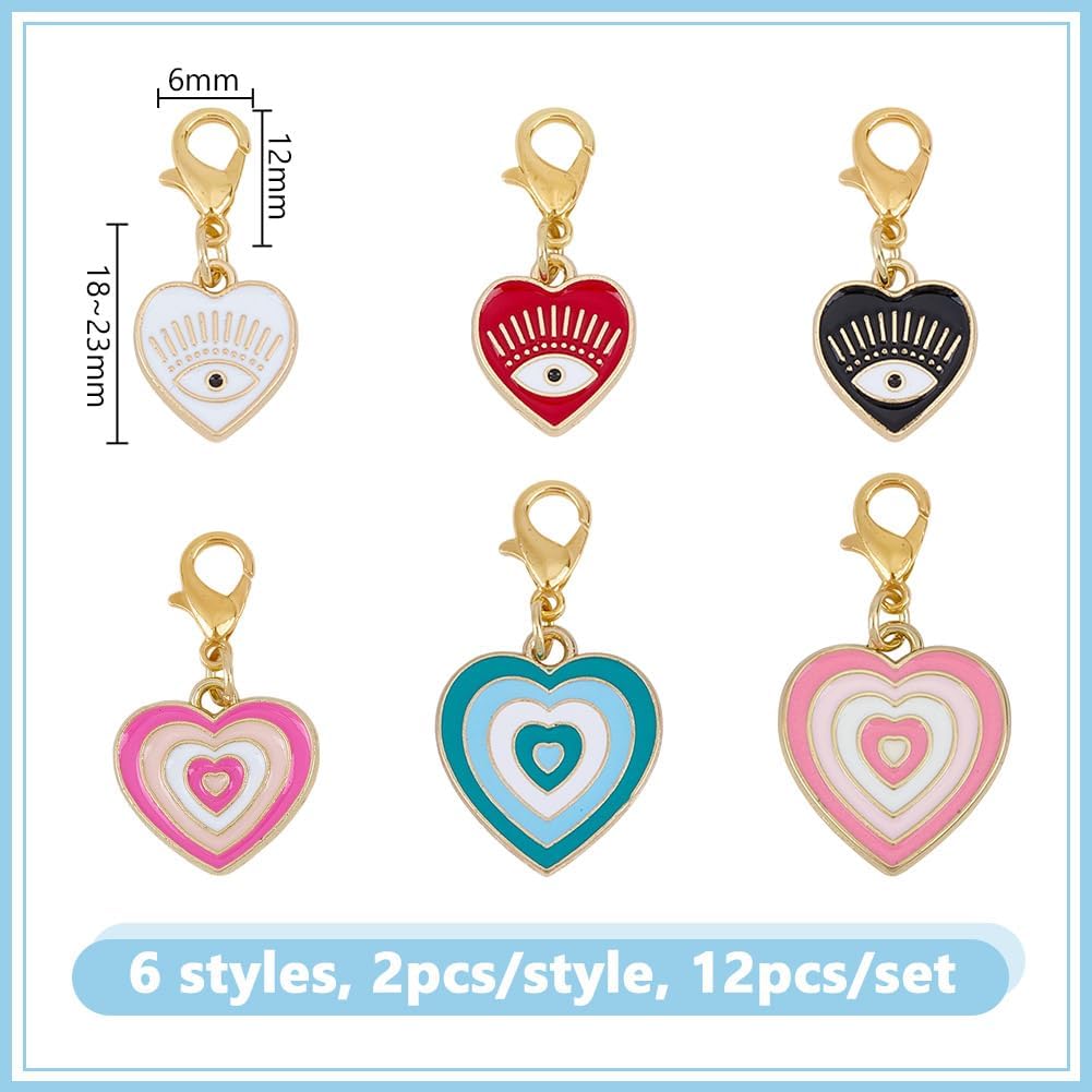 Close up of heart and round evil eye enamel charms