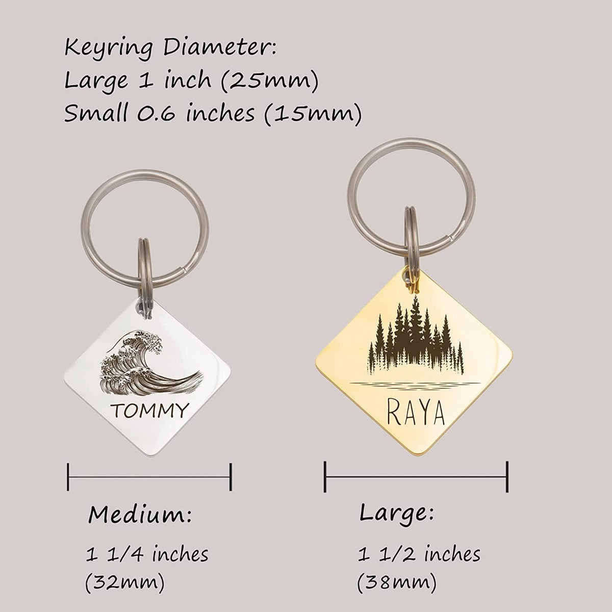 Custom stainless steel cat tag by Anavia with wilderness design detailing.
