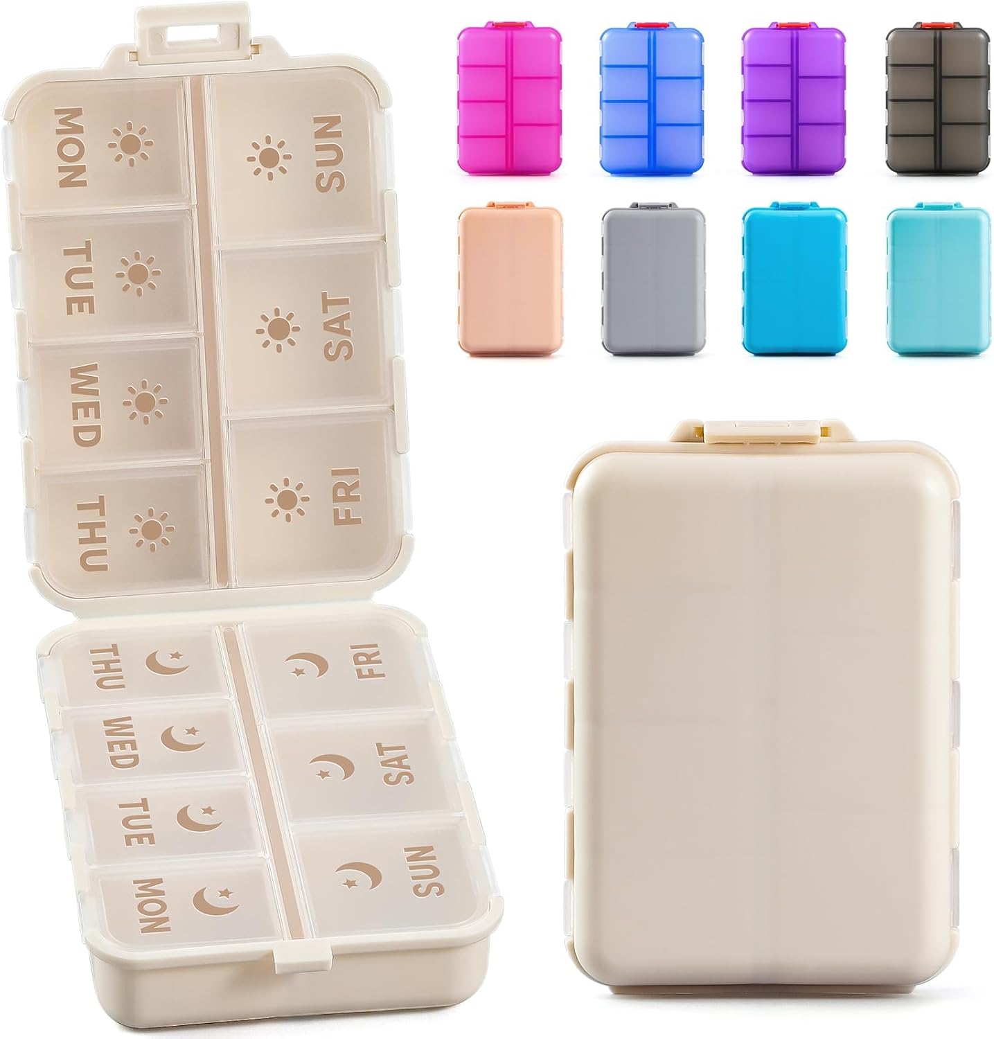 LANDNEOO Foldable Weekly Pill Organizer front view showing the compact khaki outer case closed securely.