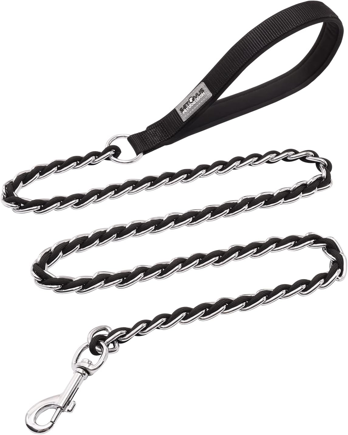 S-ETOVUS chew proof metal chain dog leash front view showing heavy duty black padded handle