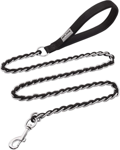 S-ETOVUS chew proof metal chain dog leash front view showing heavy duty black padded handle