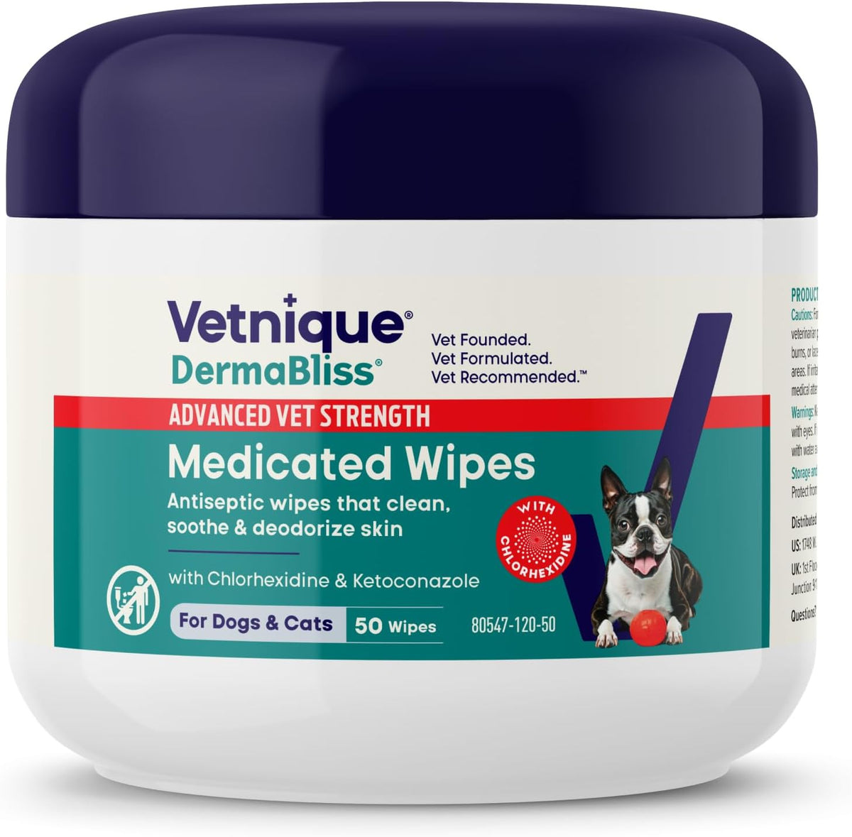 Vetnique Dermabliss Chlorhexidine Medicated Wipes front view packaging for pet skin care.