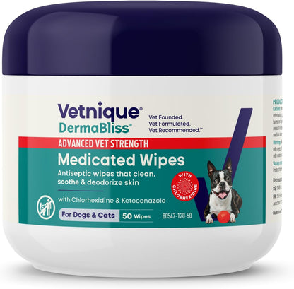 Vetnique Dermabliss Chlorhexidine Medicated Wipes front view packaging for pet skin care.