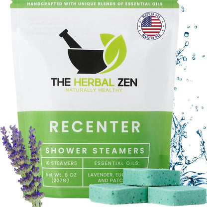 The Herbal Zen Recenter Shower Steamers front packaging view showing ten aromatherapy tablets.