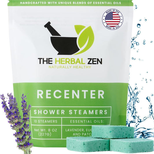The Herbal Zen Recenter Shower Steamers front packaging view showing ten aromatherapy tablets.