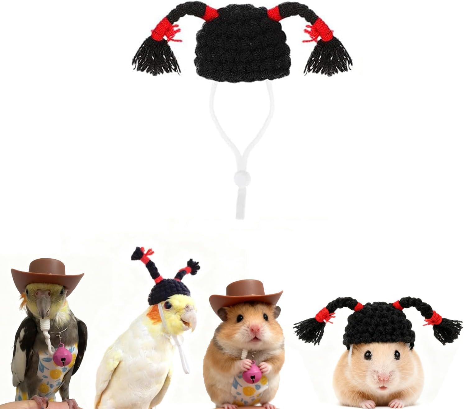 Intatikoo 2 Pieces Mini Pet Hats front view showing the hand-knitted small animal costume accessories.