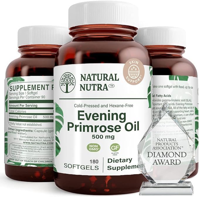 Natural Nutra Evening Primrose Oil front view bottle of dietary supplement for skin health