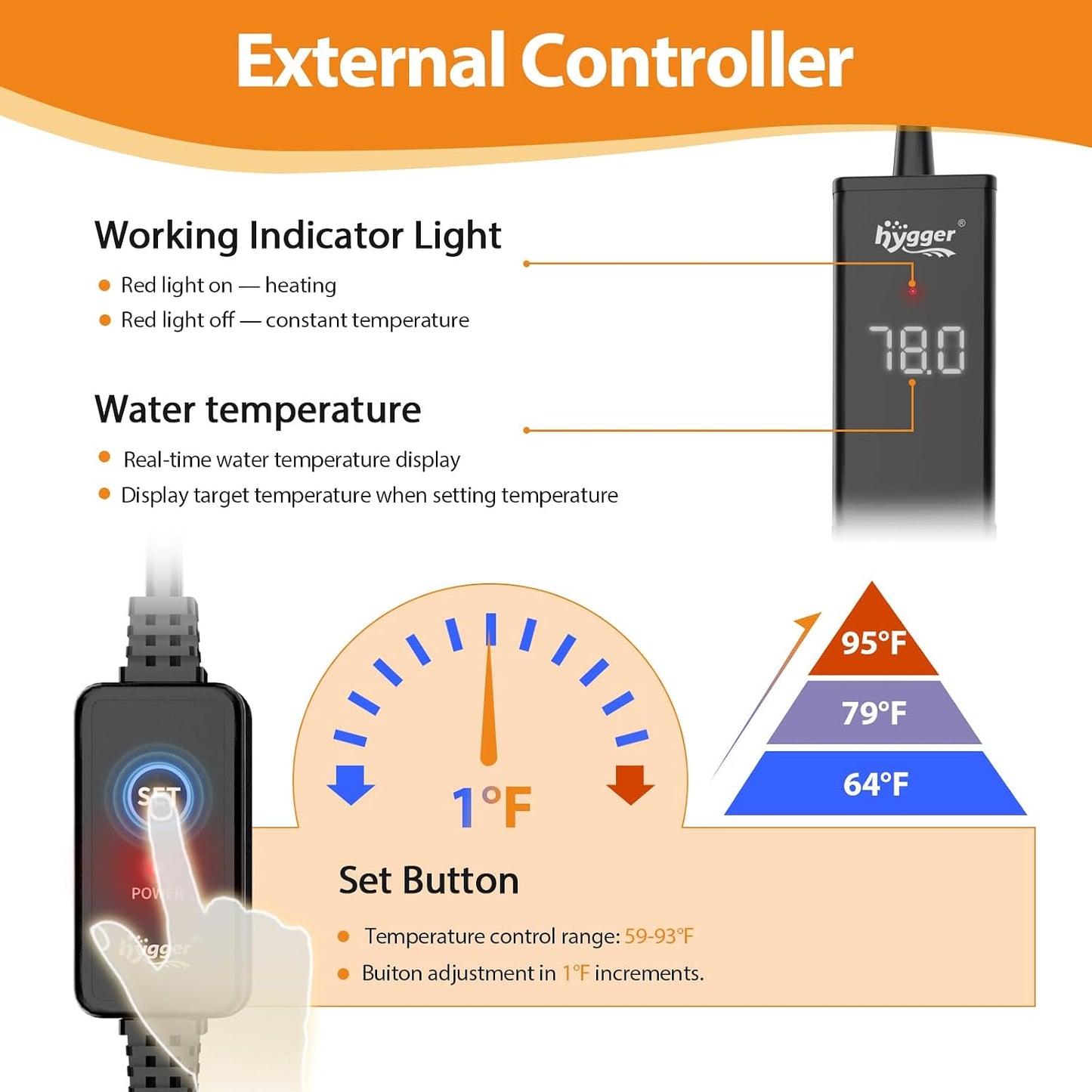 Hygger 200W fish tank heater with external controller