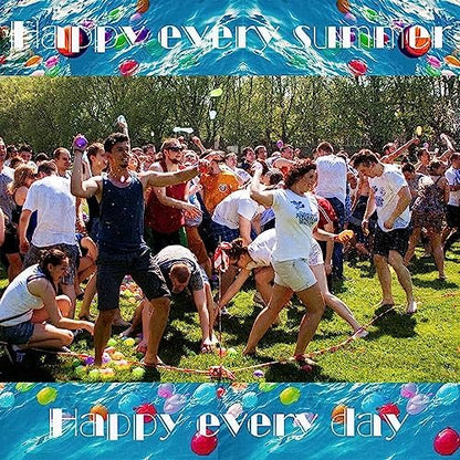 Vibrant multi color self sealing balloons expanding quickly during setup for an outdoor pool party celebration