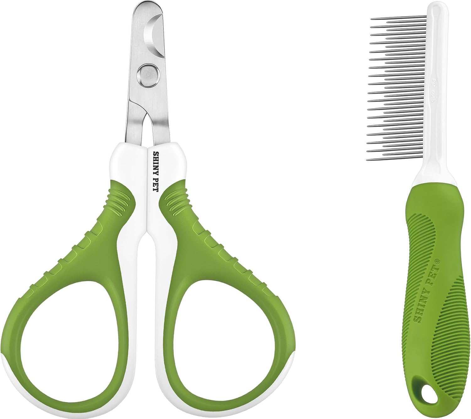 SHINY PET pet grooming tool bundle front view featuring green non slip handle clippers and detangling comb